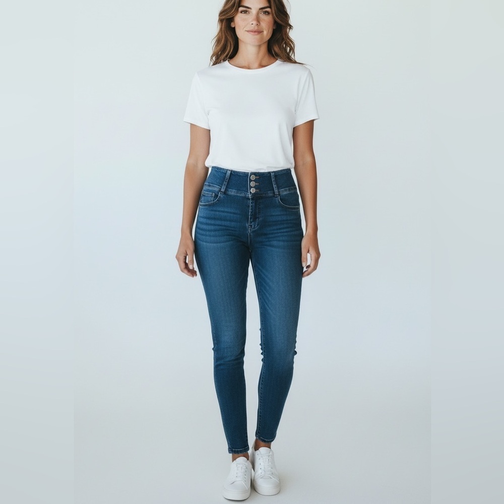 Three Button Waist Zip Fly Fleece Lined Medium Blue Wash Skinny Jeans Womens L